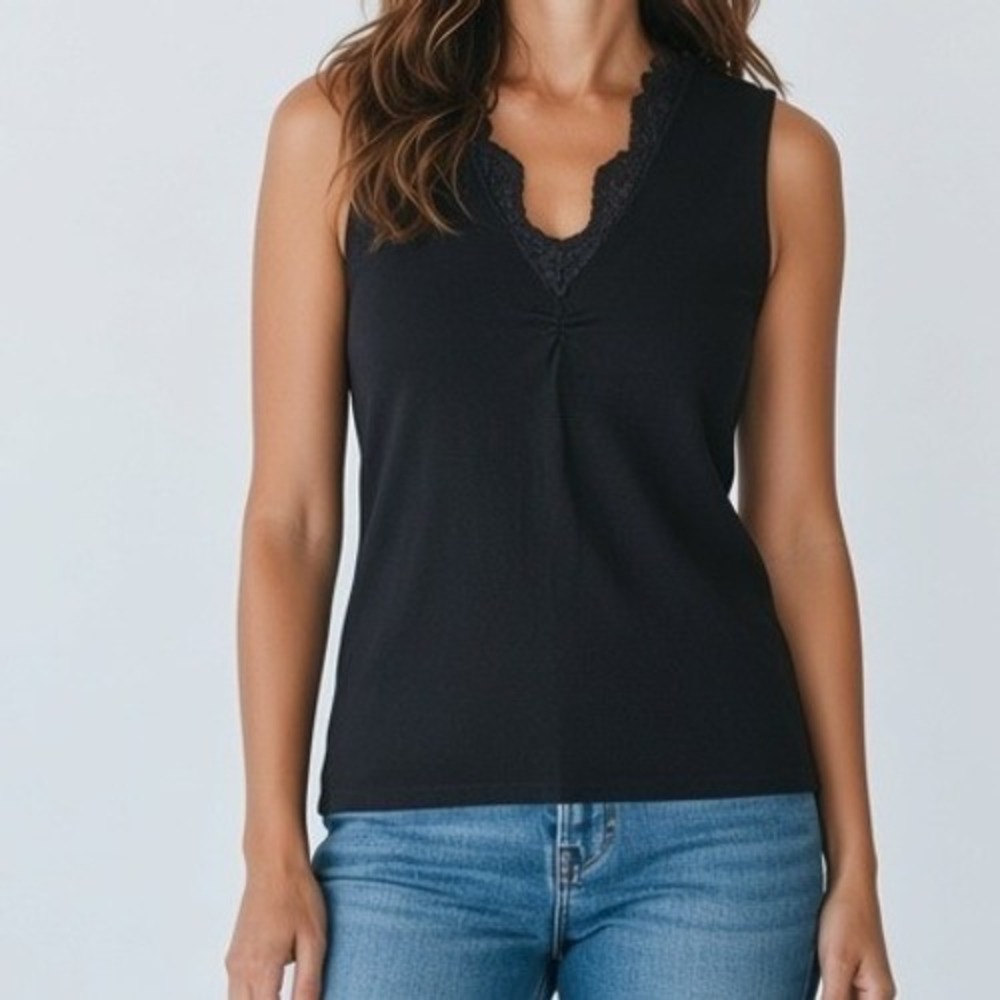 Apt. 9 Black Lace Trim V-Neck Sleeveless Knit Tank Top M Goth Romantic Witchy
